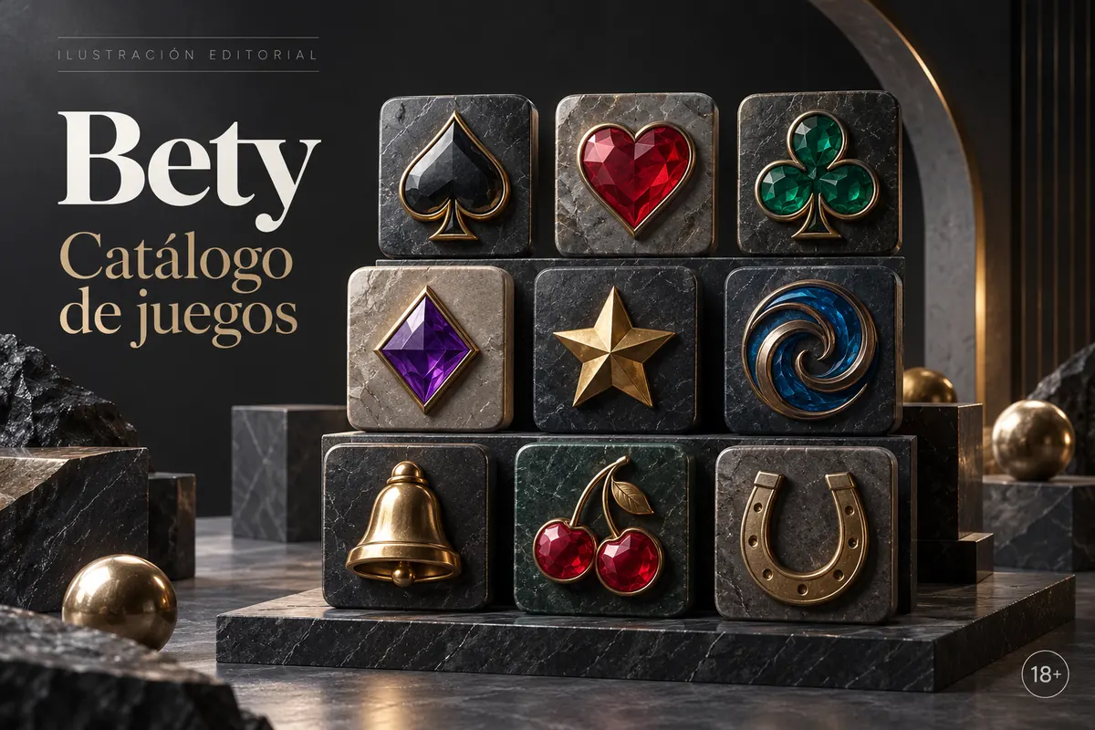 Catálogo de juegos de Bety: tragamonedas, mesas y casino en vivo. Ilustración editorial.