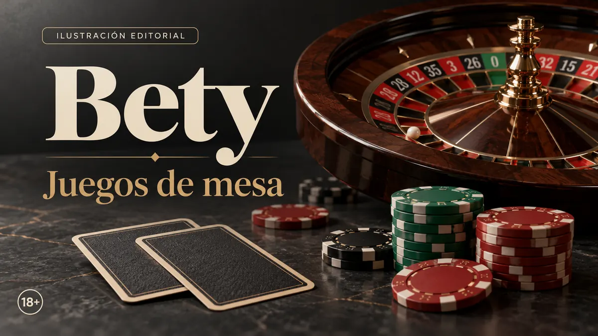 Juegos de mesa en Bety: ruleta, blackjack y bacará. Ilustración editorial.