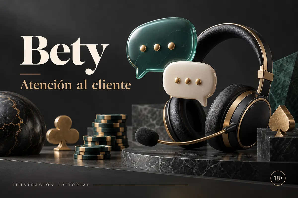 Atención al cliente de Bety: chat y correo; comprueba horarios e idioma. Ilustración editorial.