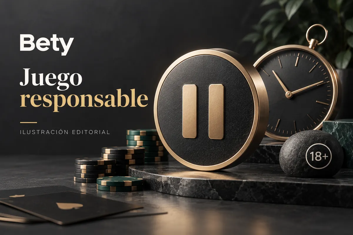 Juego responsable en Bety: límites de depósito, pausas y autoexclusión. Ilustración editorial.