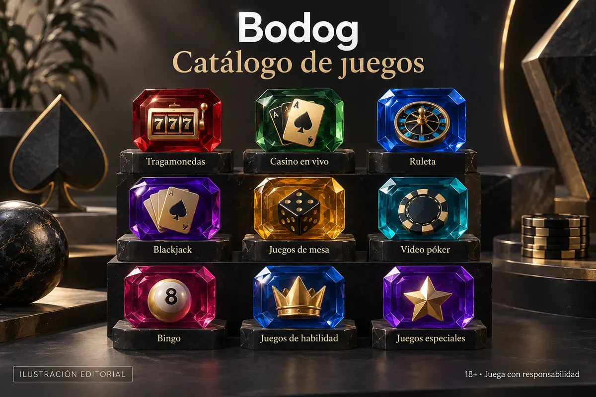 Catálogo de juegos de Bodog: tragamonedas, mesas y casino en vivo. Ilustración editorial.