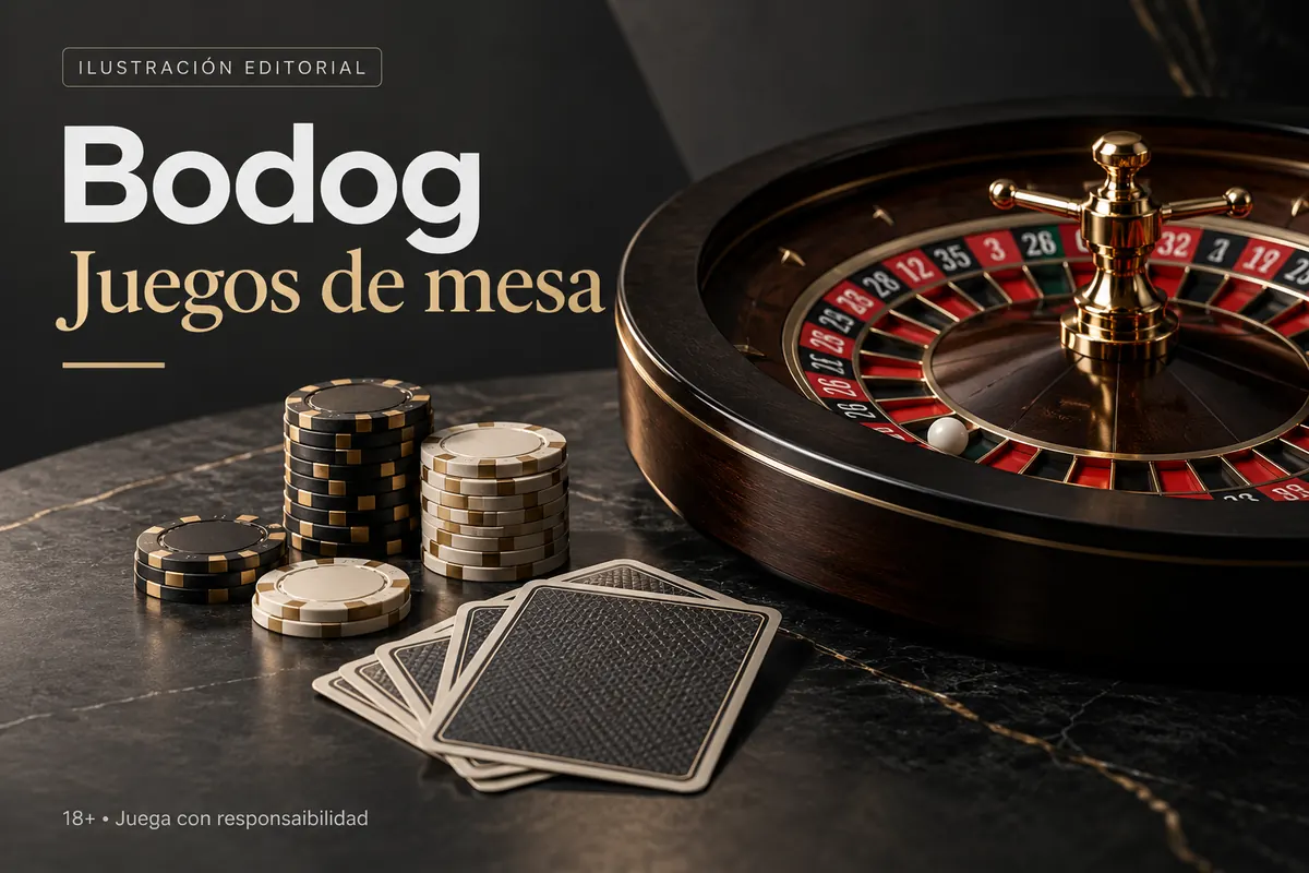 Juegos de mesa en Bodog: ruleta, blackjack y bacará. Ilustración editorial.