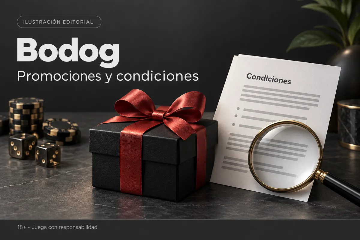 Promociones y condiciones en Bodog: revisa el rollover y la apuesta máxima. Ilustración editorial.