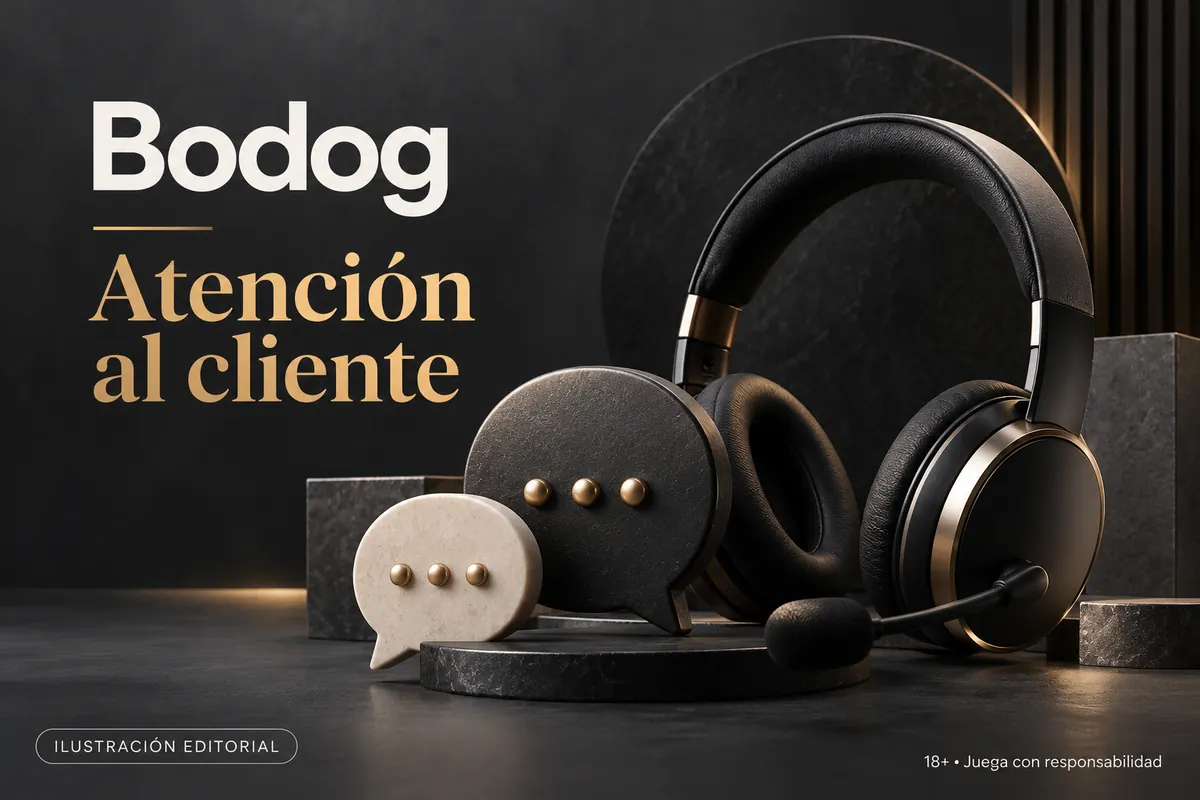 Atención al cliente de Bodog: chat y correo; comprueba horarios e idioma. Ilustración editorial.