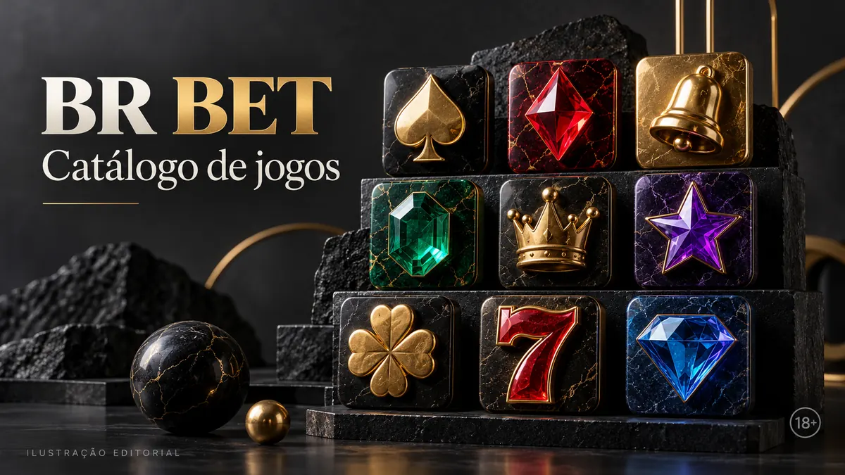 Catálogo de jogos de BRBet: slots, mesas e cassino ao vivo. Ilustração editorial.