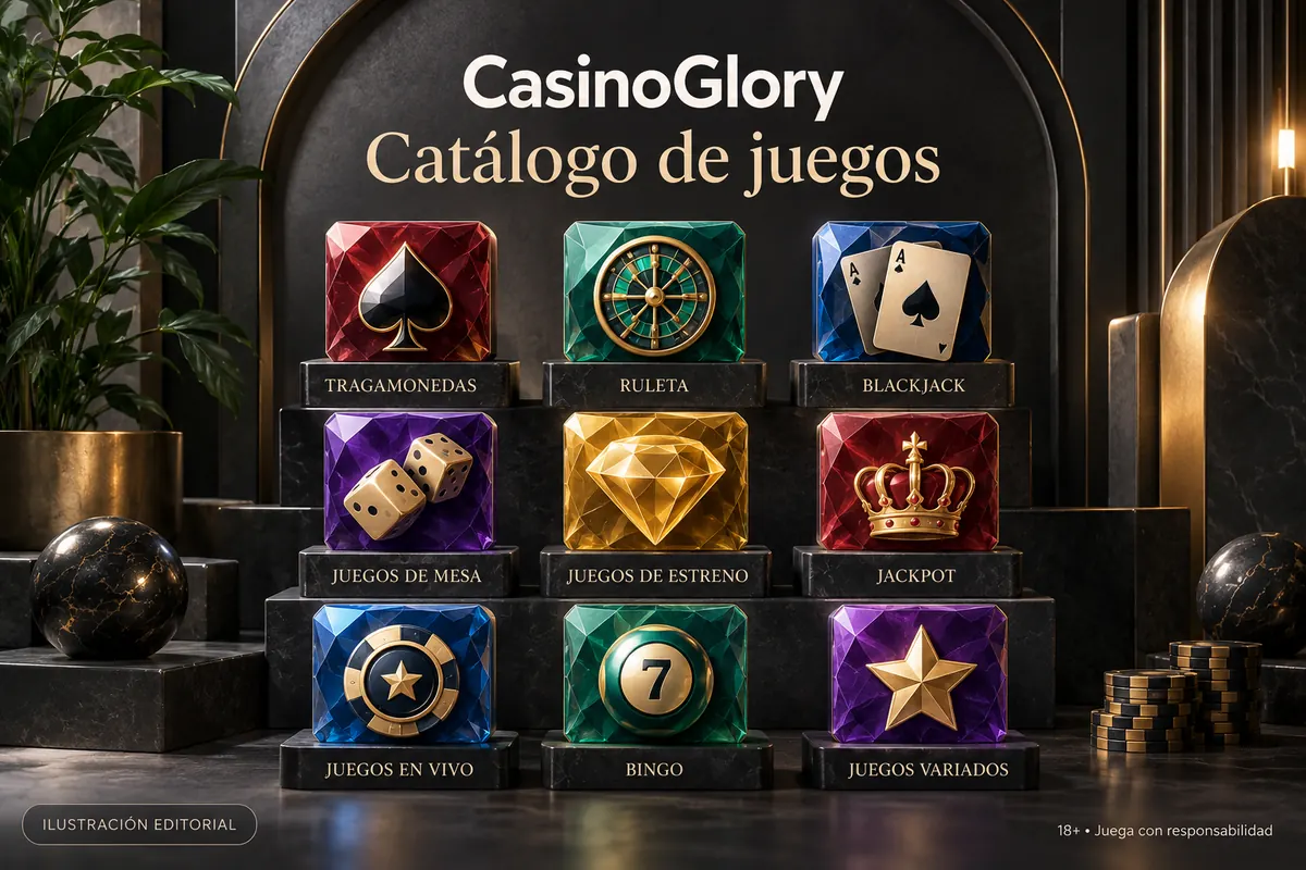 Catálogo de juegos de Glory Casino: tragamonedas, mesas y casino en vivo. Ilustración editorial.