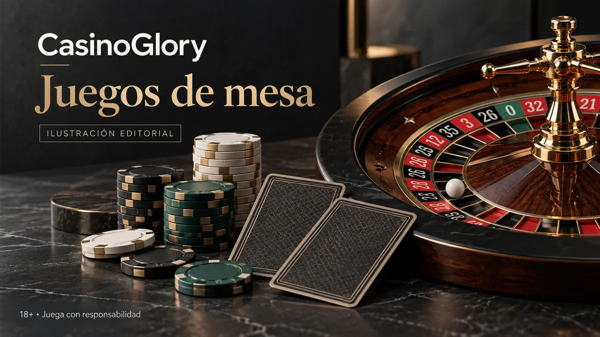 Juegos de mesa en Glory Casino: ruleta, blackjack y bacará. Ilustración editorial.