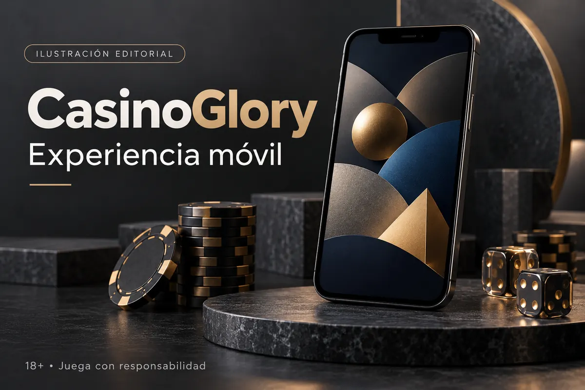 Glory Casino en el celular: funciona desde el navegador, la app es opcional. Ilustración editorial.