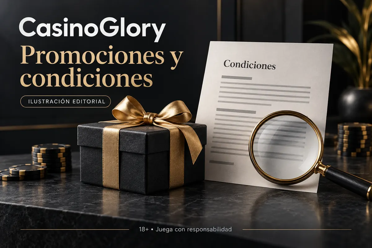 Promociones y condiciones en Glory Casino: revisa el rollover y la apuesta máxima. Ilustración editorial.