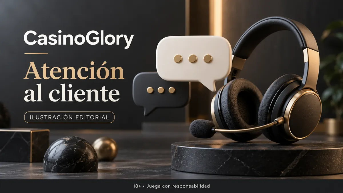 Atención al cliente de Glory Casino: chat y correo; comprueba horarios e idioma. Ilustración editorial.