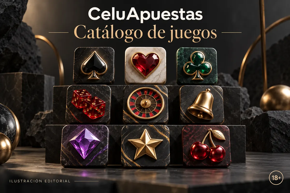 Catálogo de juegos de CeluApuestas: tragamonedas, mesas y casino en vivo. Ilustración editorial.