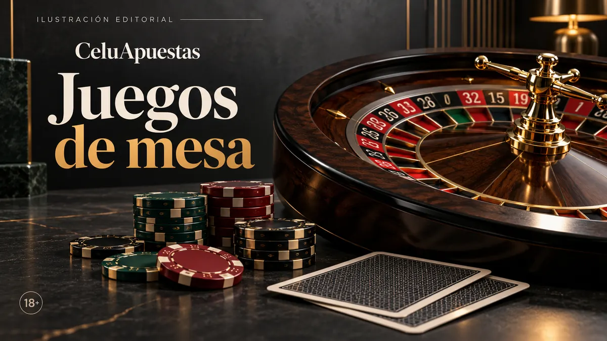 Juegos de mesa en CeluApuestas: ruleta, blackjack y bacará. Ilustración editorial.