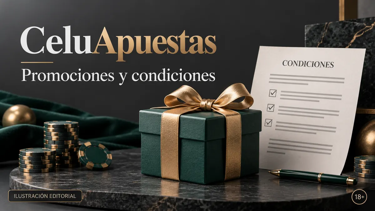 Promociones y condiciones en CeluApuestas: revisa el rollover y la apuesta máxima. Ilustración editorial.