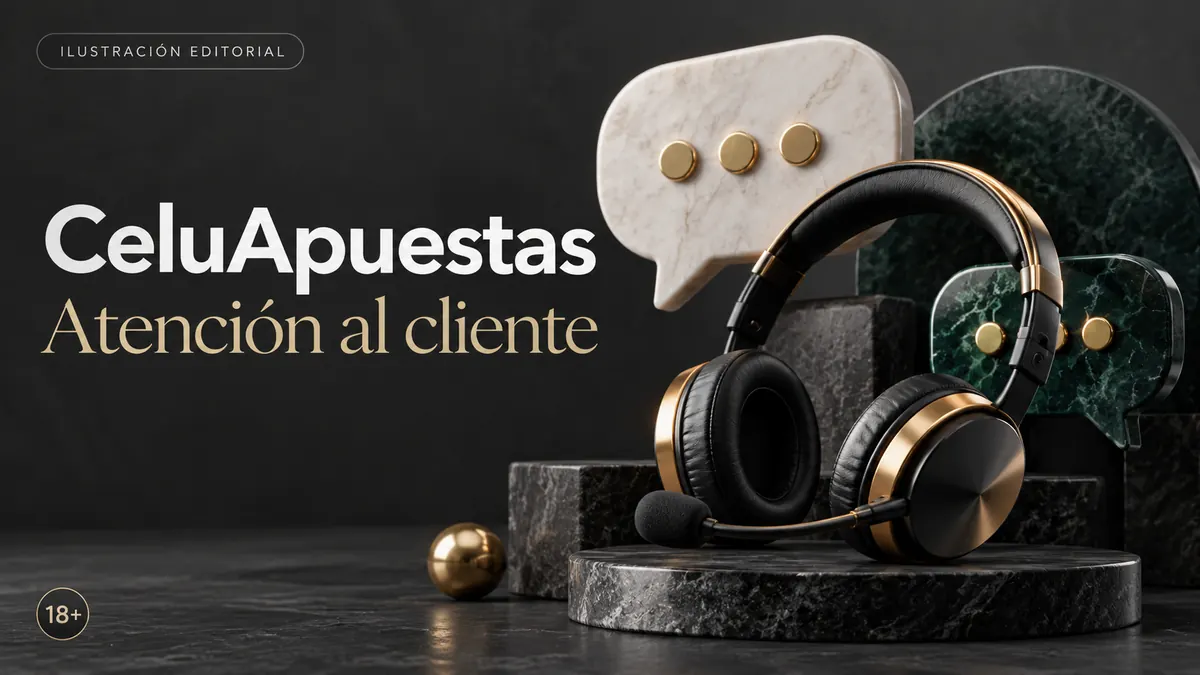 Atención al cliente de CeluApuestas: chat y correo; comprueba horarios e idioma. Ilustración editorial.