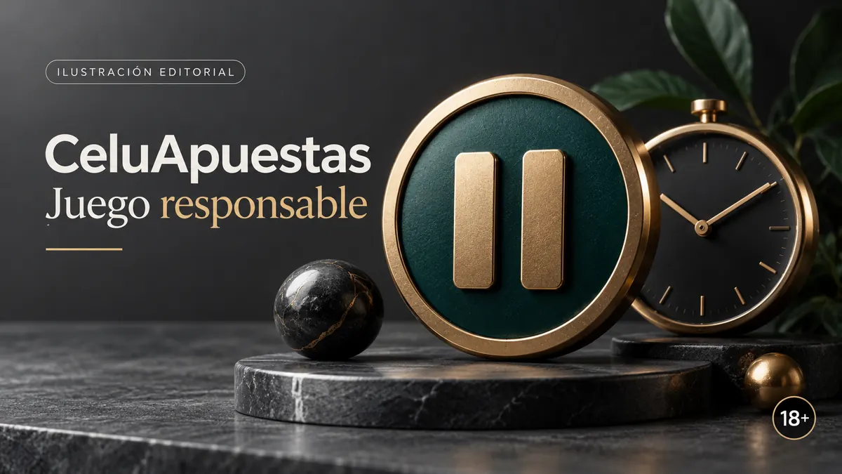 Juego responsable en CeluApuestas: límites de depósito, pausas y autoexclusión. Ilustración editorial.