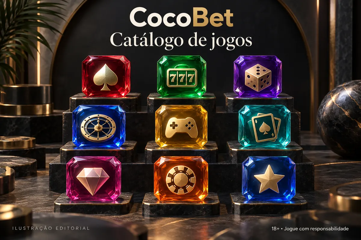 Catálogo de jogos de CocoBet: slots, mesas e cassino ao vivo. Ilustração editorial.