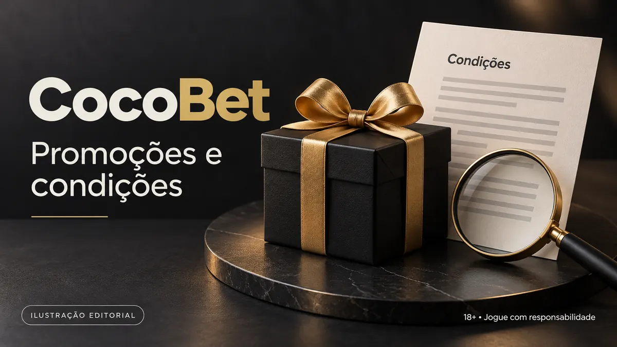 Promoções e condições em CocoBet: confira o rollover e a aposta máxima. Ilustração editorial.