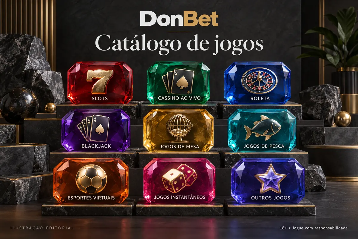Catálogo de jogos de DonBet: slots, mesas e cassino ao vivo. Ilustração editorial.