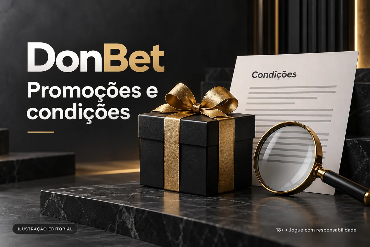 Promoções e condições em DonBet: confira o rollover e a aposta máxima. Ilustração editorial.
