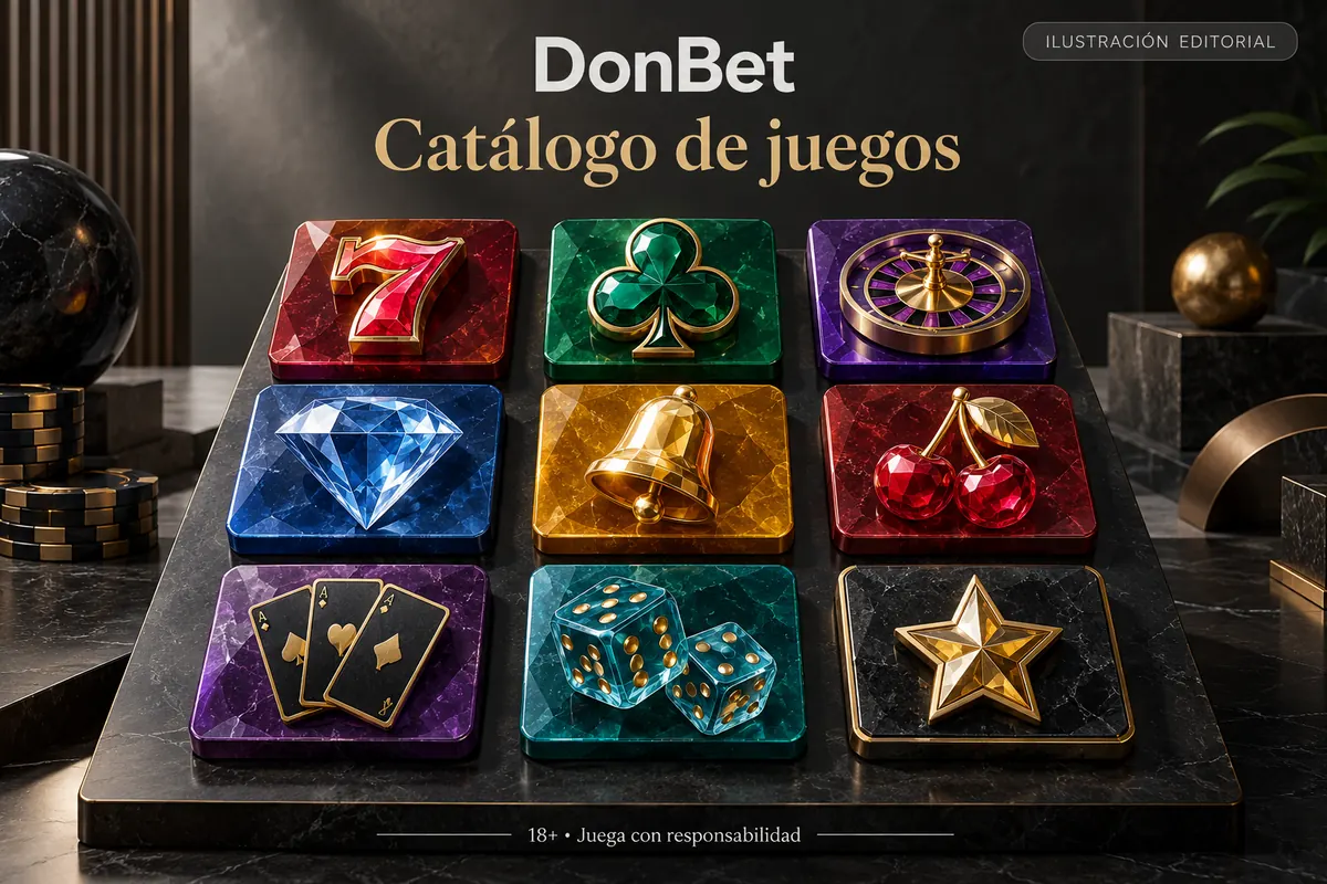Catálogo de juegos de DonBet: tragamonedas, mesas y casino en vivo. Ilustración editorial.