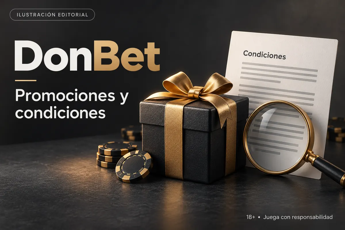 Promociones y condiciones en DonBet: revisa el rollover y la apuesta máxima. Ilustración editorial.