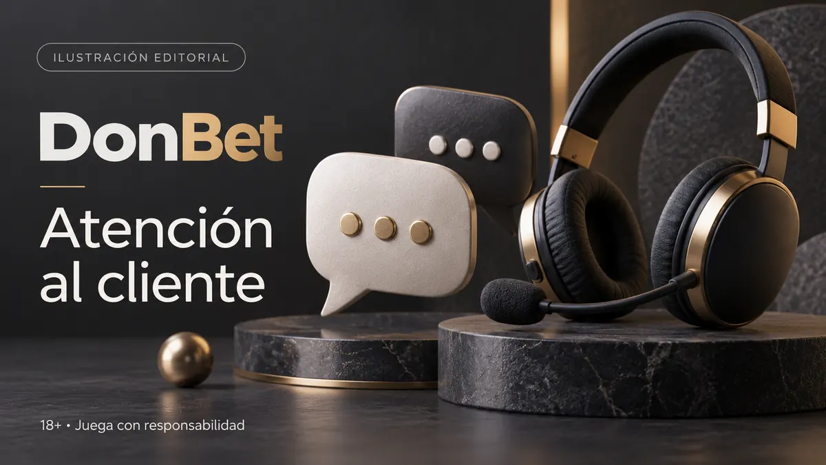Atención al cliente de DonBet: chat y correo; comprueba horarios e idioma. Ilustración editorial.