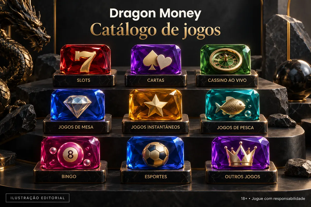 Catálogo de jogos de Dragon Money: slots, mesas e cassino ao vivo. Ilustração editorial.