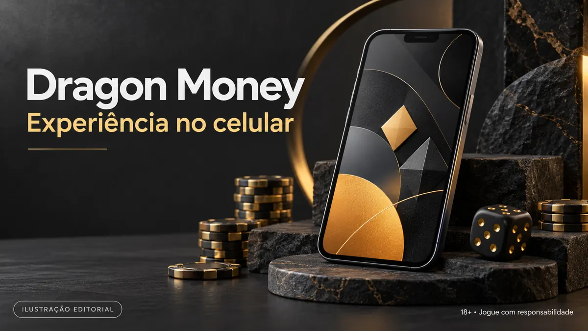 Dragon Money no celular: funciona pelo navegador, o app é opcional. Ilustração editorial.