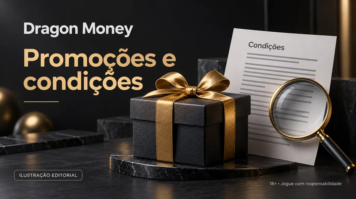 Promoções e condições em Dragon Money: confira o rollover e a aposta máxima. Ilustração editorial.