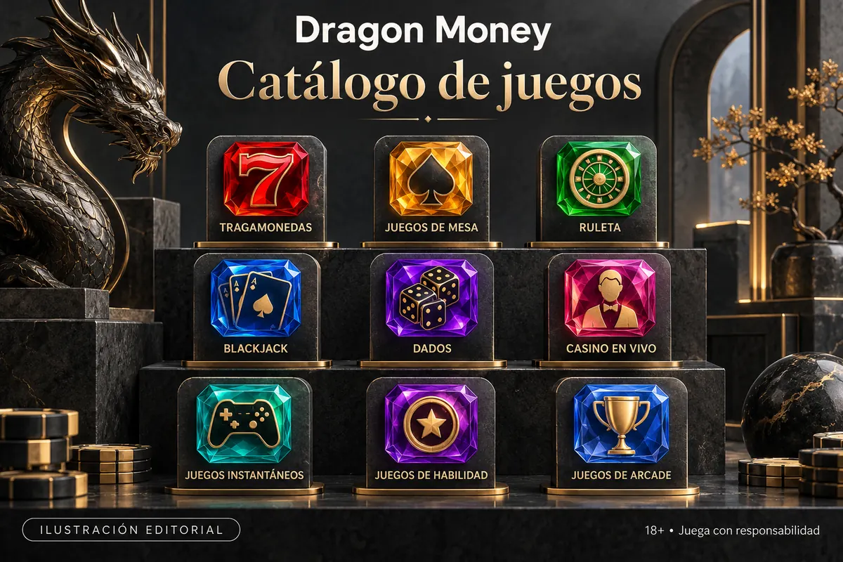 Catálogo de juegos de Dragon Money: tragamonedas, mesas y casino en vivo. Ilustración editorial.