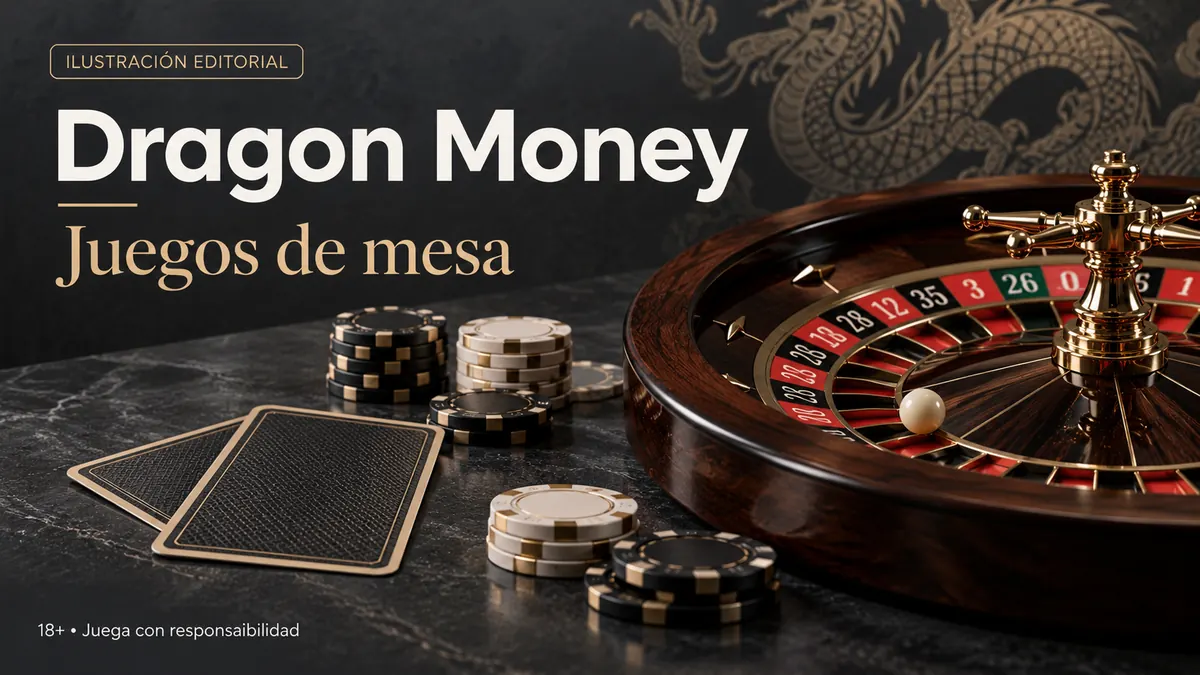 Juegos de mesa en Dragon Money: ruleta, blackjack y bacará. Ilustración editorial.