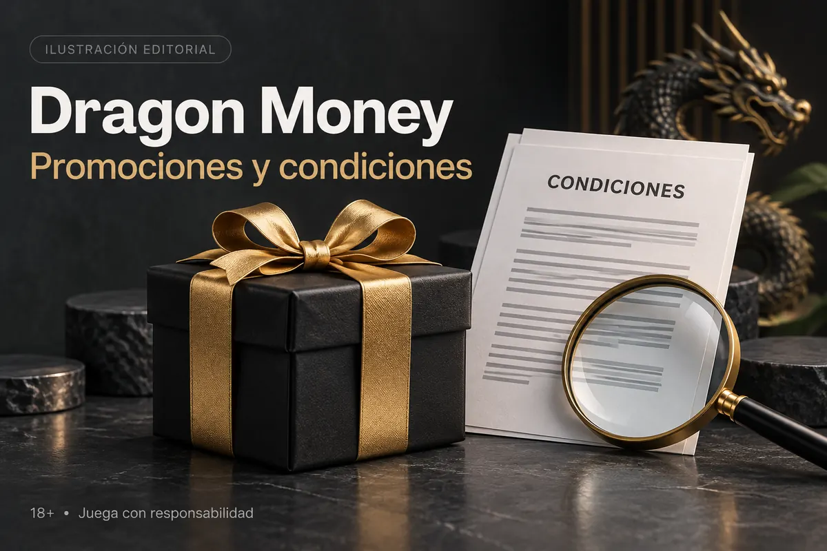 Promociones y condiciones en Dragon Money: revisa el rollover y la apuesta máxima. Ilustración editorial.