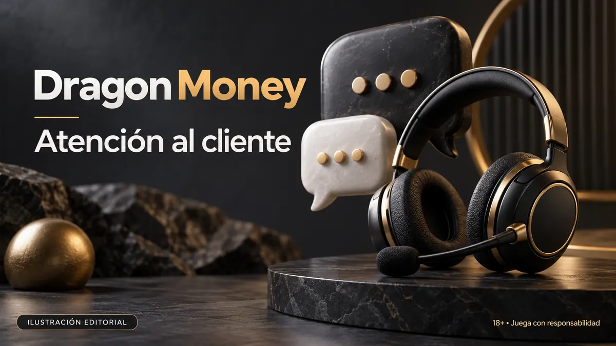 Atención al cliente de Dragon Money: chat y correo; comprueba horarios e idioma. Ilustración editorial.