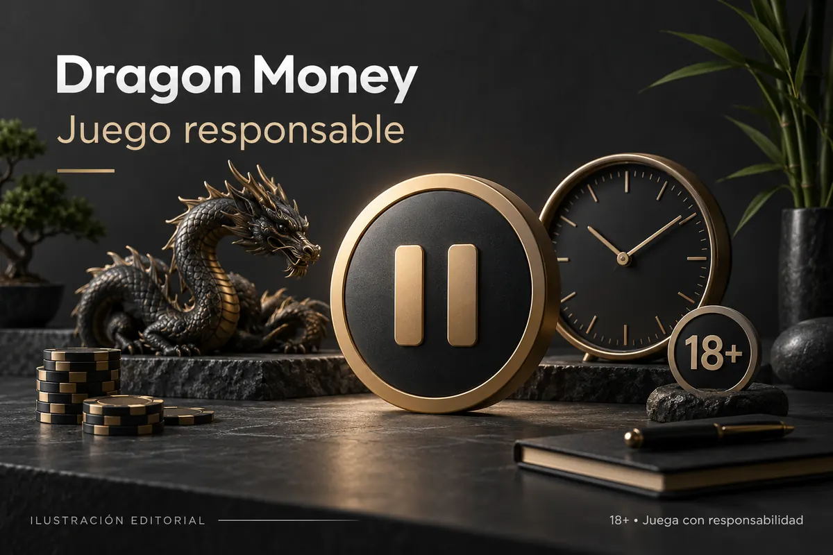 Juego responsable en Dragon Money: límites de depósito, pausas y autoexclusión. Ilustración editorial.
