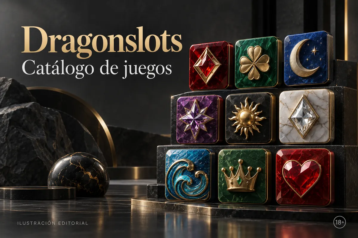 Catálogo de juegos de Dragonslots: tragamonedas, mesas y casino en vivo. Ilustración editorial.