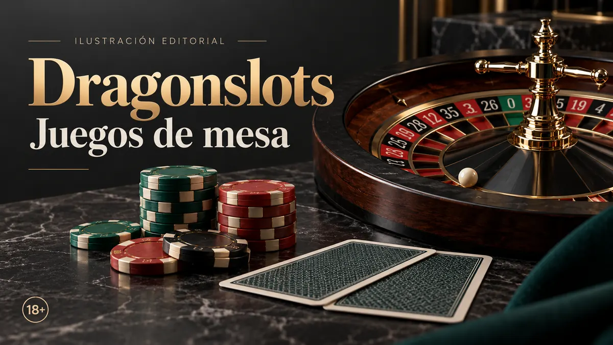 Juegos de mesa en Dragonslots: ruleta, blackjack y bacará. Ilustración editorial.