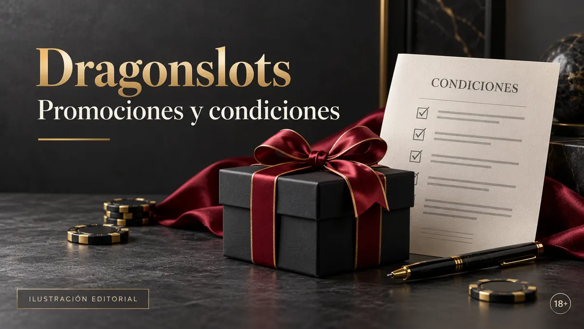 Promociones y condiciones en Dragonslots: revisa el rollover y la apuesta máxima. Ilustración editorial.