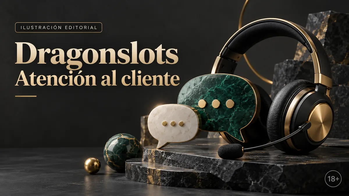 Atención al cliente de Dragonslots: chat y correo; comprueba horarios e idioma. Ilustración editorial.