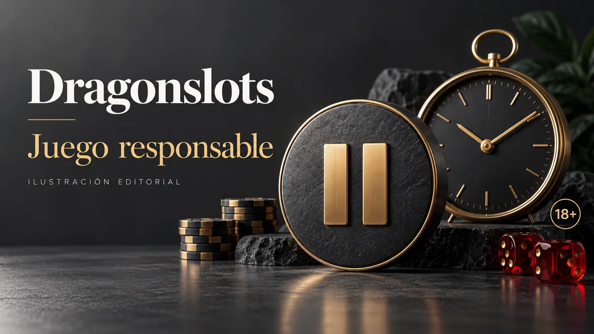 Juego responsable en Dragonslots: límites de depósito, pausas y autoexclusión. Ilustración editorial.