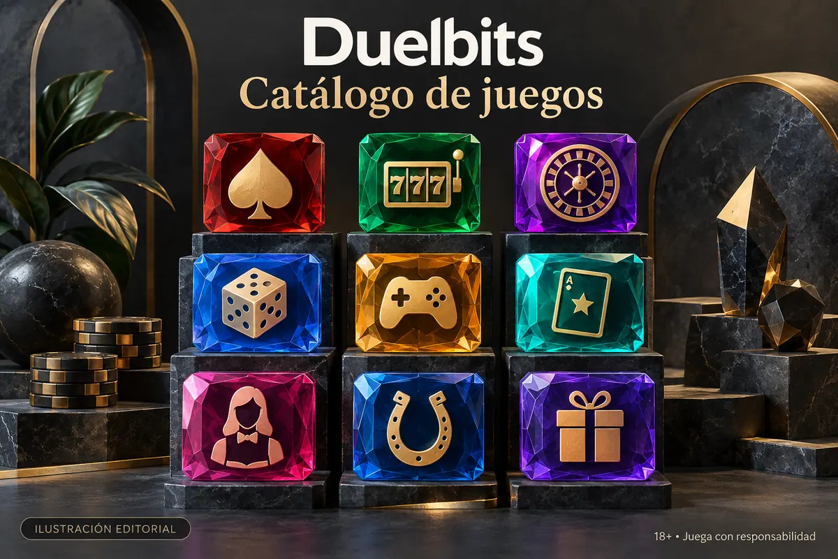 Catálogo de juegos de Duelbits: tragamonedas, mesas y casino en vivo. Ilustración editorial.