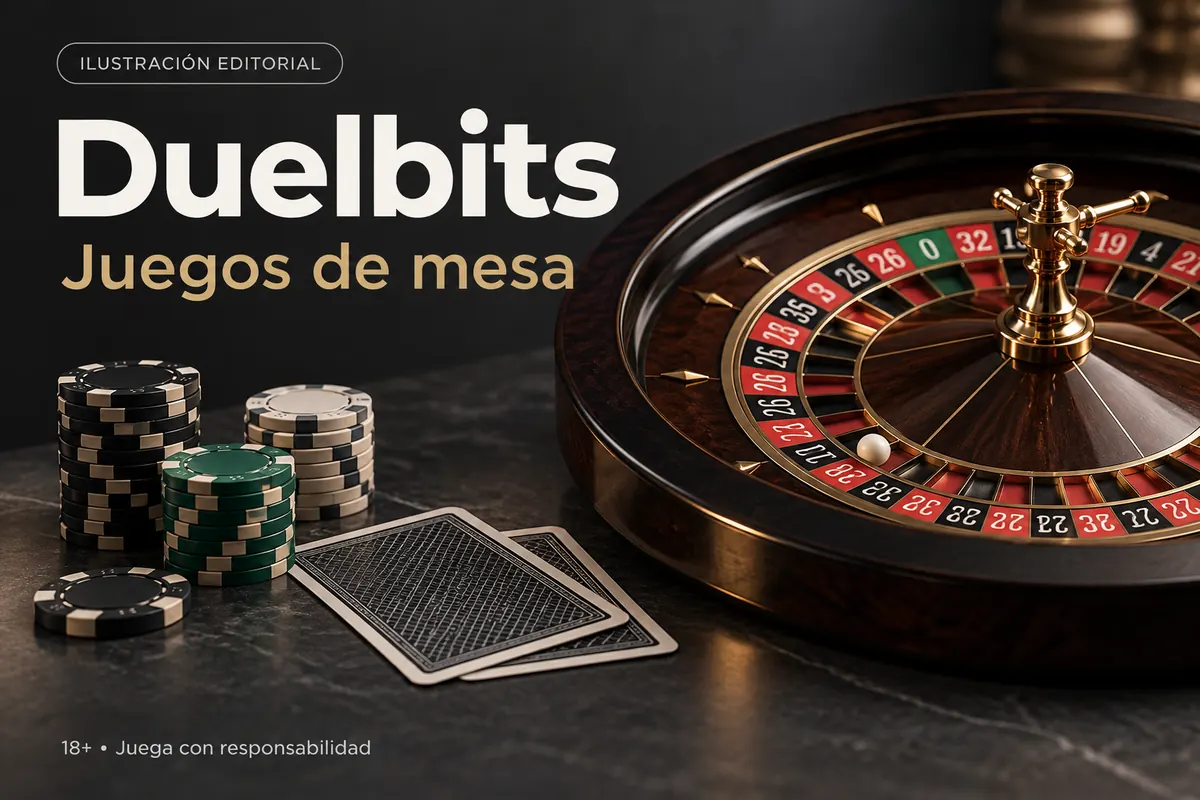 Juegos de mesa en Duelbits: ruleta, blackjack y bacará. Ilustración editorial.