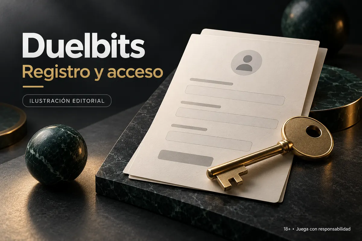 Registro y acceso en Duelbits: datos reales y verificación de la cuenta. Ilustración editorial.