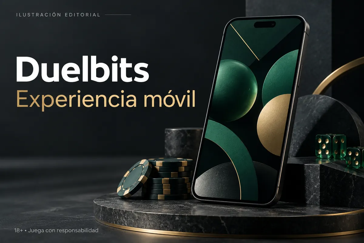 Duelbits en el celular: funciona desde el navegador, la app es opcional. Ilustración editorial.