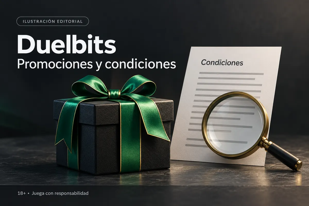 Promociones y condiciones en Duelbits: revisa el rollover y la apuesta máxima. Ilustración editorial.