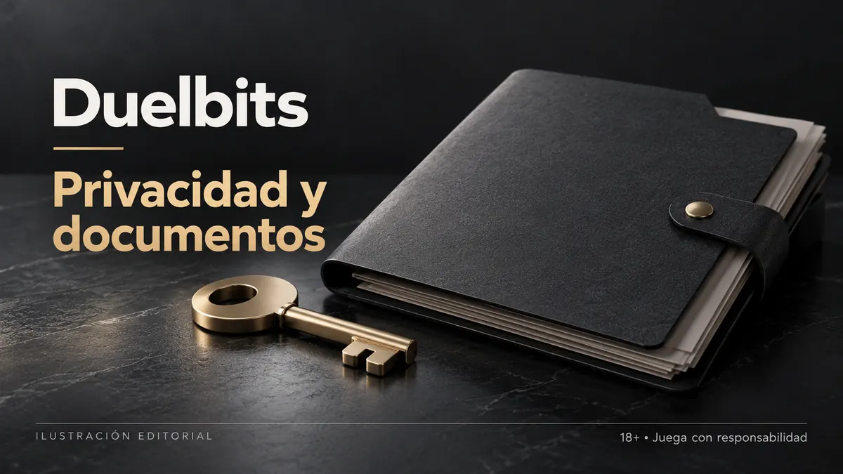 Privacidad y documentos en Duelbits: verificación de identidad antes del primer retiro. Ilustración editorial.