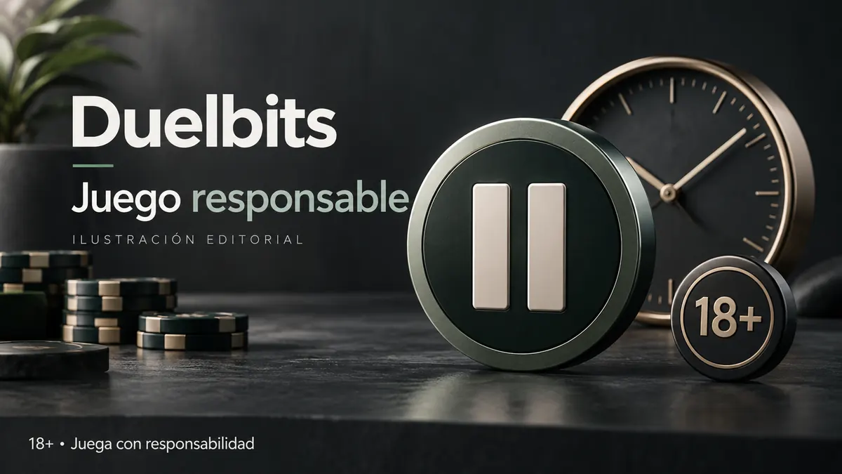 Juego responsable en Duelbits: límites de depósito, pausas y autoexclusión. Ilustración editorial.