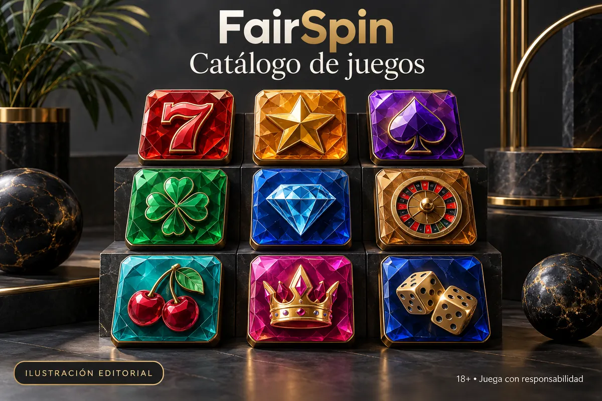 Catálogo de juegos de FairSpin: tragamonedas, mesas y casino en vivo. Ilustración editorial.