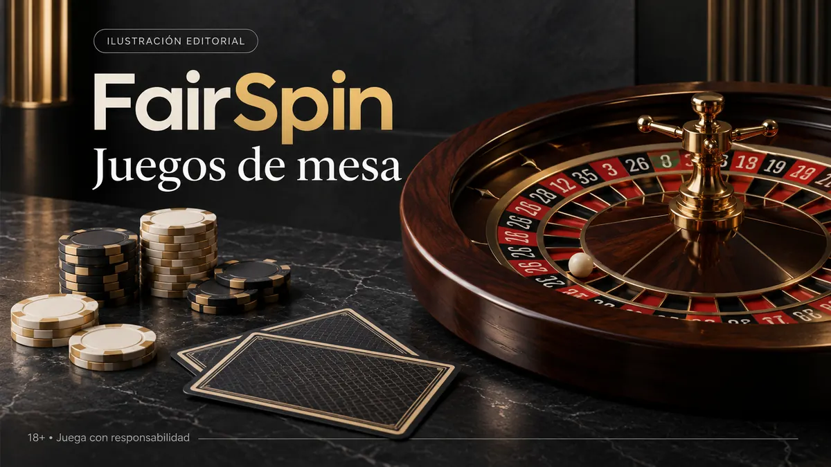 Juegos de mesa en FairSpin: ruleta, blackjack y bacará. Ilustración editorial.