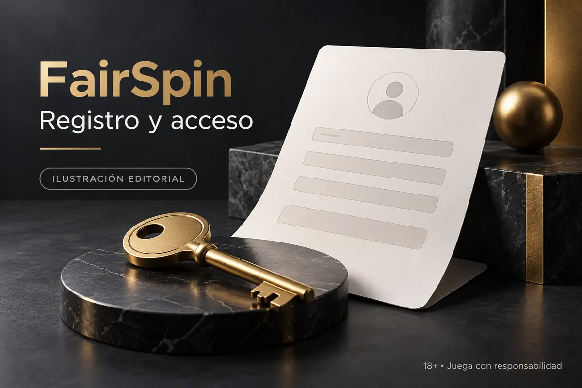 Registro y acceso en FairSpin: datos reales y verificación de la cuenta. Ilustración editorial.