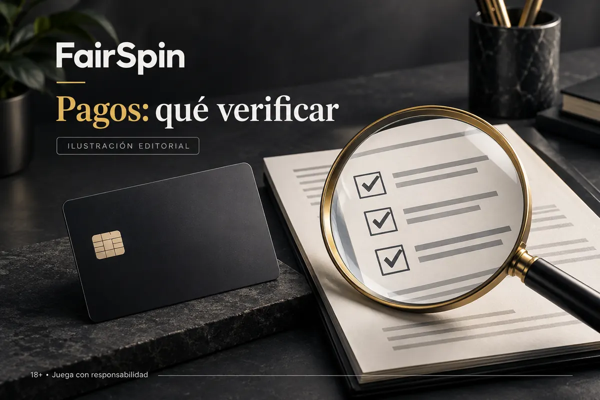 Pagos en FairSpin: qué verificar antes de depositar y retirar. Ilustración editorial.